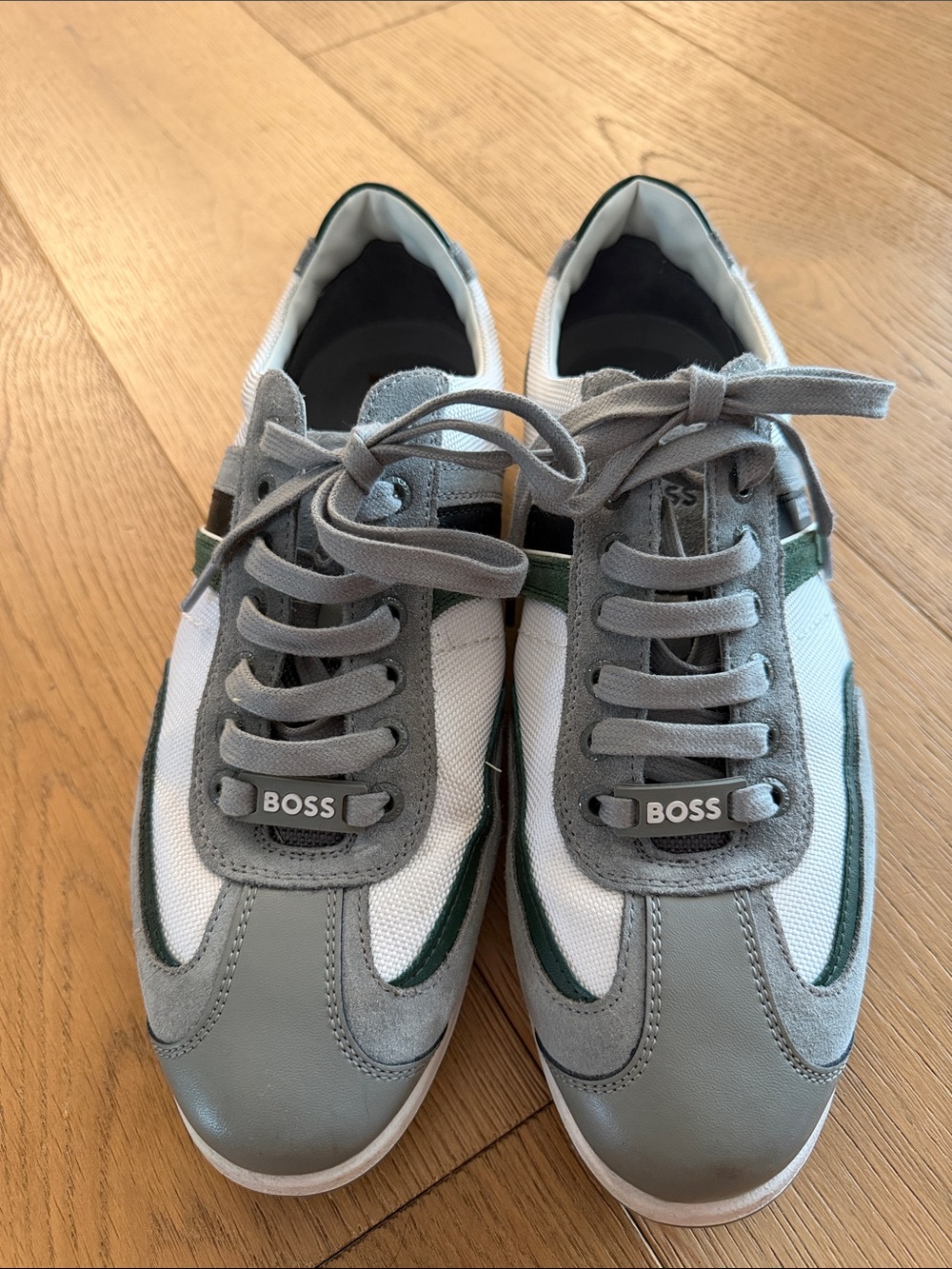 Boss Gray, White & Green Low-Top Sneakers with Suede Accents